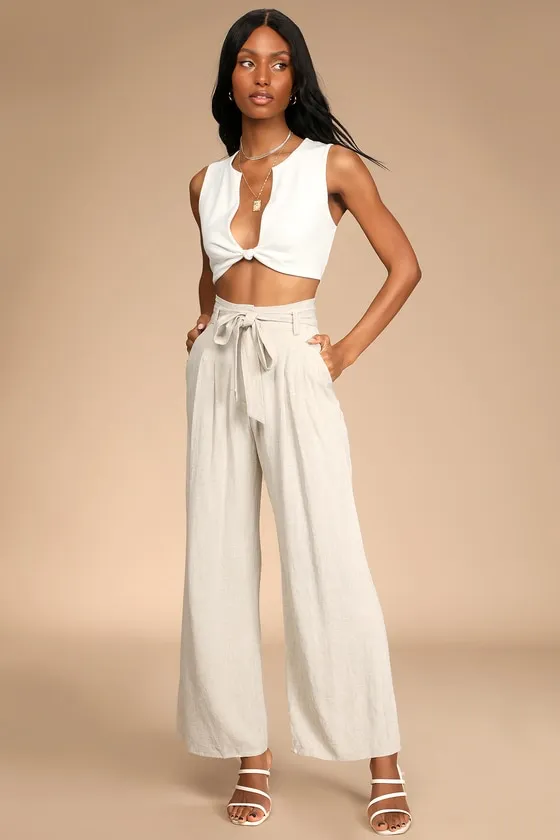 Trend Alert Beige Belted High-Waisted Wide-Leg Pants sold by Lulus