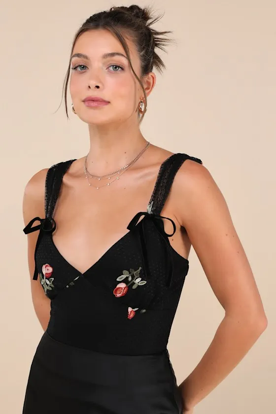 Compellingly Romantic Black Mesh Embroidered Floral Bow Bodysuit sold by Lulus