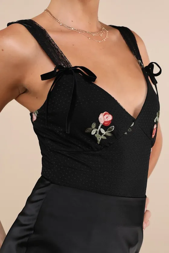 Compellingly Romantic Black Mesh Embroidered Floral Bow Bodysuit sold by Lulus product image thumbnail 4