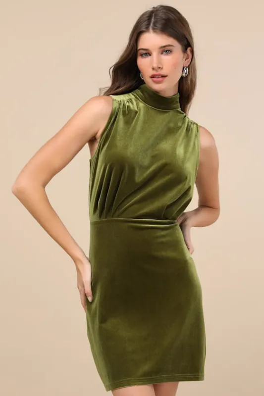 Gorgeous Darling Olive Velvet Sleeveless Mock Neck Mini Dress sold by Lulus