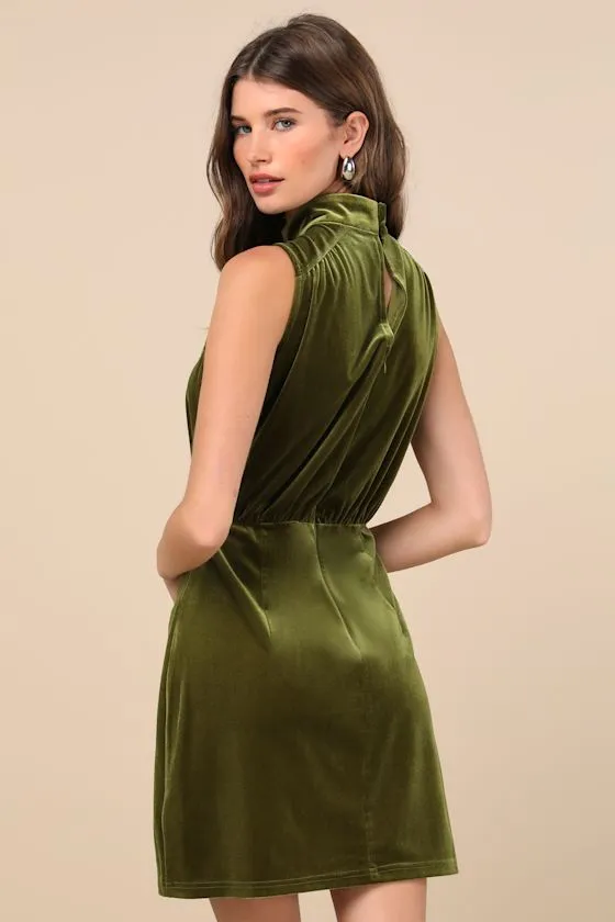Gorgeous Darling Olive Velvet Sleeveless Mock Neck Mini Dress sold by Lulus product image thumbnail 3