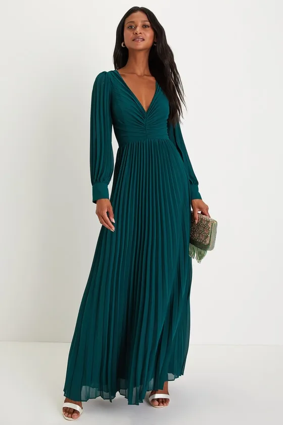 Sophisticated Grace Emerald Green Pleated Long Sleeve Maxi Dress sold by Lulus