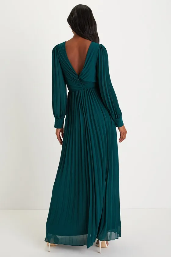 Sophisticated Grace Emerald Green Pleated Long Sleeve Maxi Dress sold by Lulus product image thumbnail 2