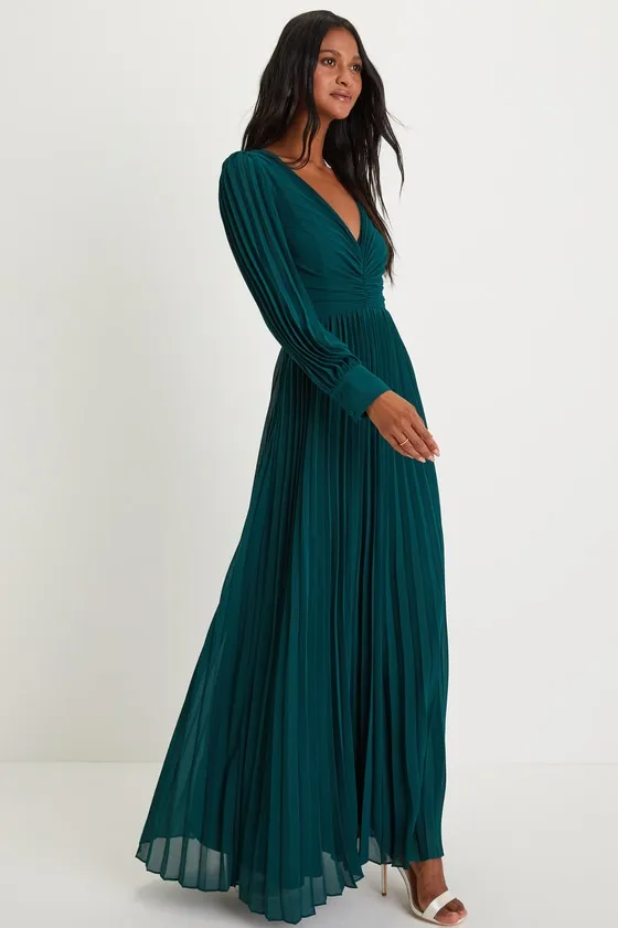 Sophisticated Grace Emerald Green Pleated Long Sleeve Maxi Dress sold by Lulus product image thumbnail 3