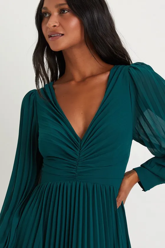 Sophisticated Grace Emerald Green Pleated Long Sleeve Maxi Dress sold by Lulus product image thumbnail 4