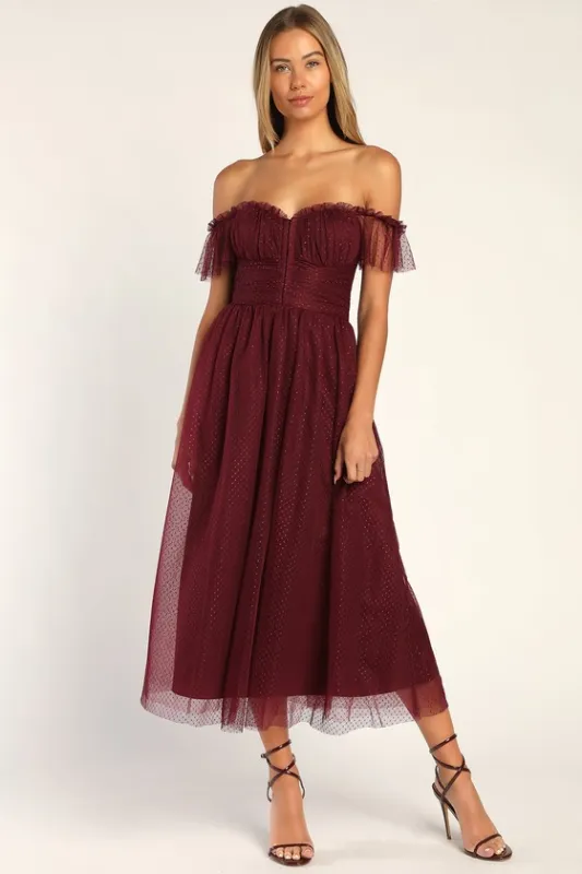 Regal Radiance Burgundy Tulle Bustier Midi Dress sold by Lulus