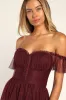 Regal Radiance Burgundy Tulle Bustier Midi Dress sold by Lulus
