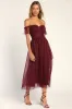 Regal Radiance Burgundy Tulle Bustier Midi Dress sold by Lulus
