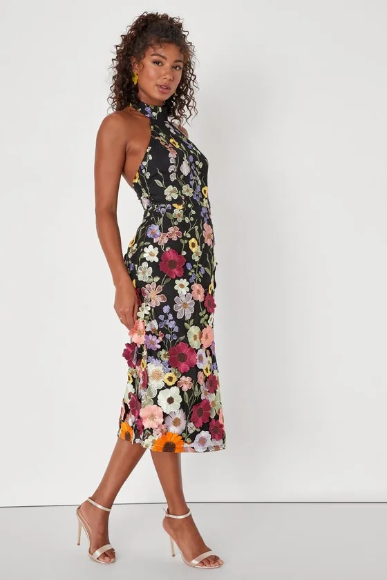 Unique Impression Black 3D Floral Embroidered Halter Midi Dress sold by Lulus