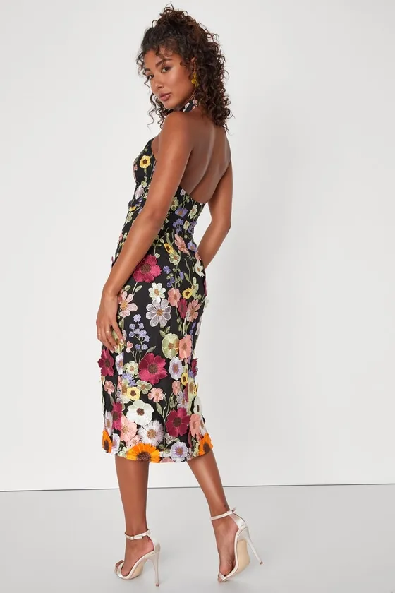 Unique Impression Black 3D Floral Embroidered Halter Midi Dress sold by Lulus product image thumbnail 2