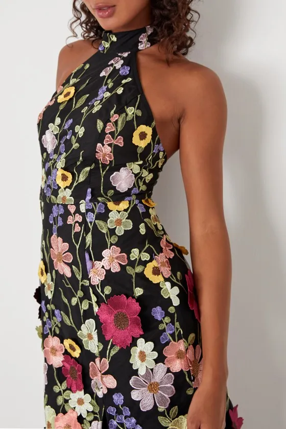 Unique Impression Black 3D Floral Embroidered Halter Midi Dress sold by Lulus product image thumbnail 3