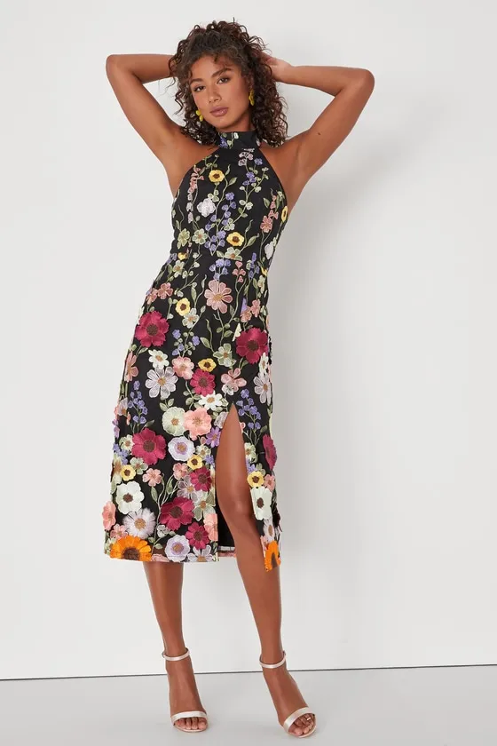 Unique Impression Black 3D Floral Embroidered Halter Midi Dress sold by Lulus product image thumbnail 4