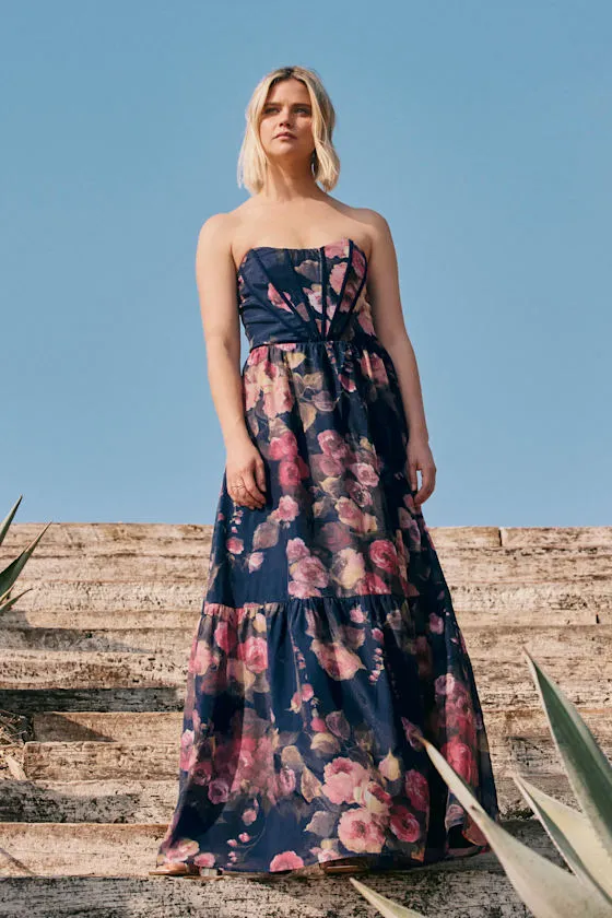 Roane Navy Floral Organza Bustier Maxi Dress sold by Lulus