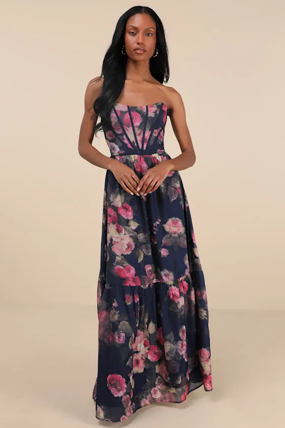 Roane Navy Floral Organza Bustier Maxi Dress sold by Lulus product image thumbnail 2