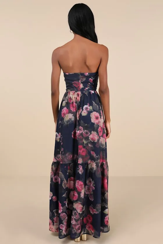 Roane Navy Floral Organza Bustier Maxi Dress sold by Lulus product image thumbnail 3