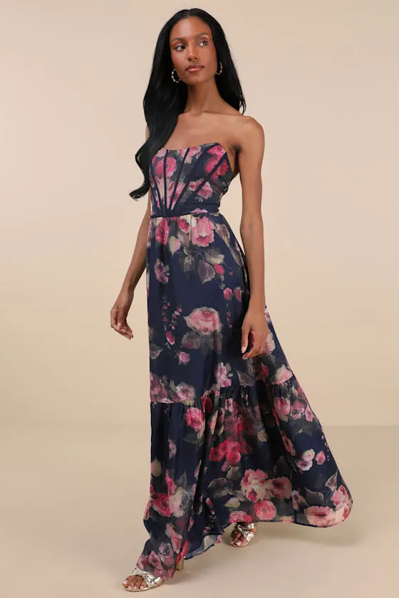 Roane Navy Floral Organza Bustier Maxi Dress sold by Lulus product image thumbnail 4
