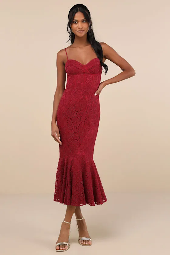 Found Your Love Wine Red Lace Sleeveless Trumpet Midi Dress sold by Lulus