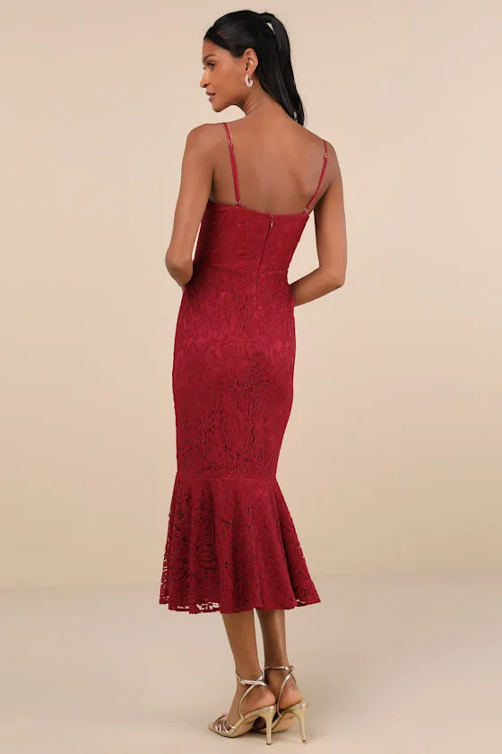 Found Your Love Wine Red Lace Sleeveless Trumpet Midi Dress sold by Lulus product image thumbnail 3