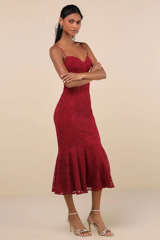 Found Your Love Wine Red Lace Sleeveless Trumpet Midi Dress sold by Lulus product image thumbnail 4