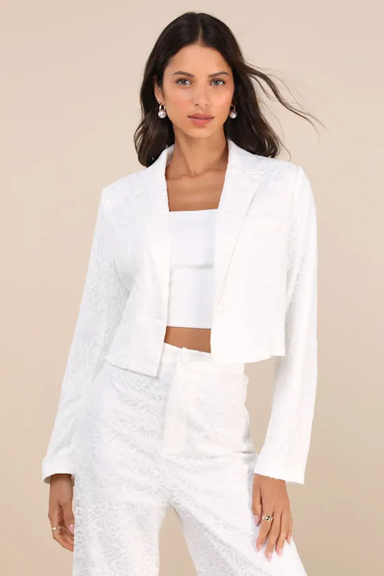 Elegant Pursuit Ivory Lace Collared Cropped Blazer sold by Lulus