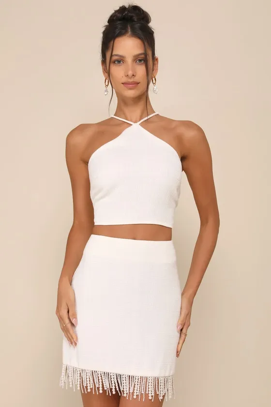 Sweetly Elite Ivory Tweed Pearl Fringe High-Rise Mini Skirt sold by Lulus