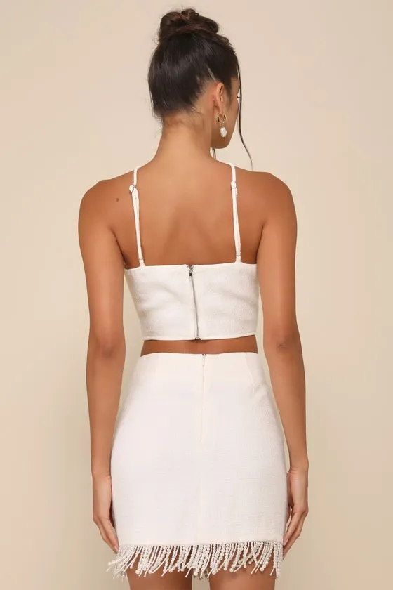 Sweetly Elite Ivory Tweed Pearl Fringe High-Rise Mini Skirt sold by Lulus product image thumbnail 3