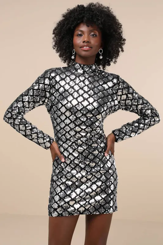 Radiant Mood Silver and Black Velvet Sequin Backless Mini Dress sold by Lulus