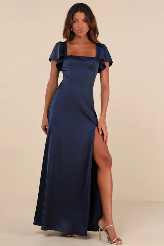 Ultimate Sweetness Navy Blue Satin Flutter Sleeve Maxi Dress sold by Lulus