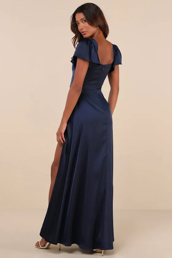 Ultimate Sweetness Navy Blue Satin Flutter Sleeve Maxi Dress sold by Lulus product image thumbnail 2