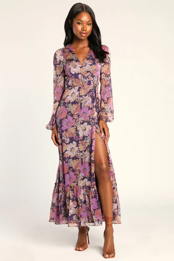 Feeling Sweet Purple Floral Print Long Sleeve Wrap Maxi Dress sold by Lulus