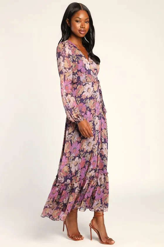 Feeling Sweet Purple Floral Print Long Sleeve Wrap Maxi Dress sold by Lulus product image thumbnail 3