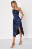 Desirable Dream Navy Blue Satin Jacquard Halter Neck Midi Dress sold by Lulus