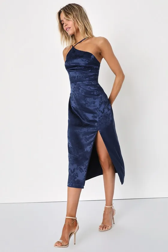 Desirable Dream Navy Blue Satin Jacquard Halter Neck Midi Dress sold by Lulus