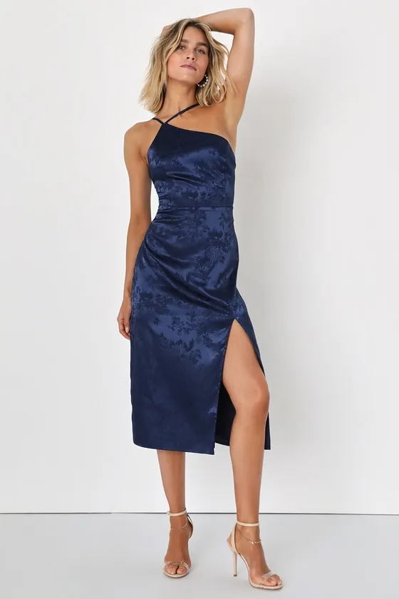 Desirable Dream Navy Blue Satin Jacquard Halter Neck Midi Dress sold by Lulus product image thumbnail 3