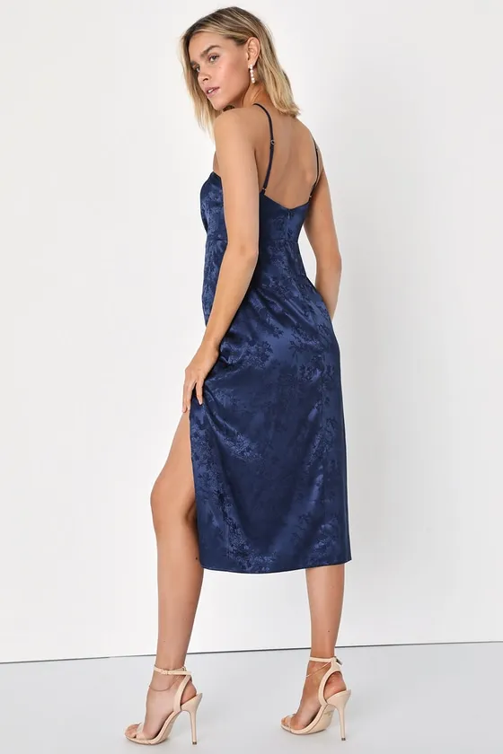 Desirable Dream Navy Blue Satin Jacquard Halter Neck Midi Dress sold by Lulus product image thumbnail 4