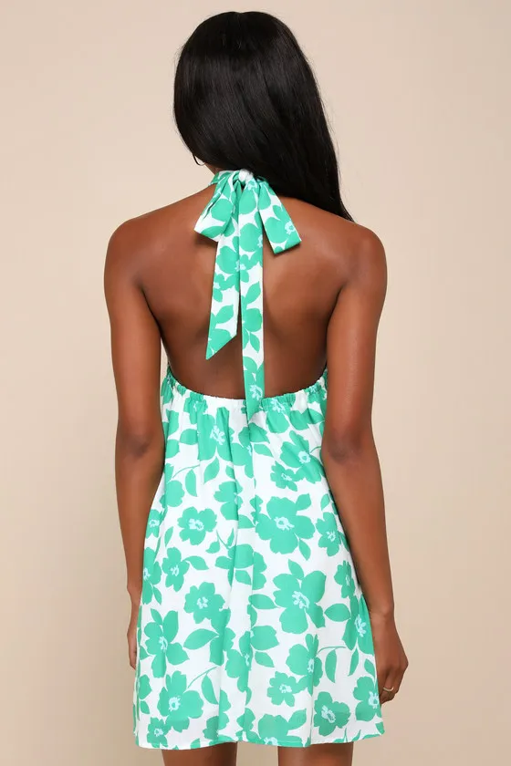 Exceedingly Cute White and Green Floral Halter Shift Mini Dress sold by Lulus product image thumbnail 2