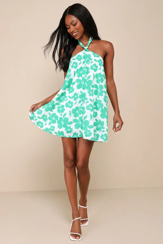 Exceedingly Cute White and Green Floral Halter Shift Mini Dress sold by Lulus product image thumbnail 3