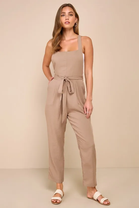 Poised Simplicity Light Brown Backless Overall Slim Leg Jumpsuit sold by Lulus product image thumbnail 2