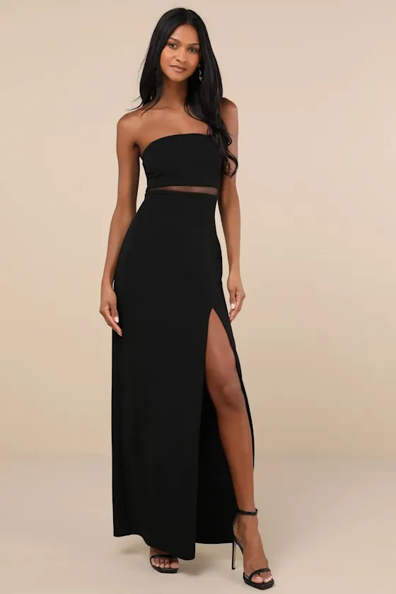 Enticing Silhouette Black Mesh Strapless Maxi Dress sold by Lulus