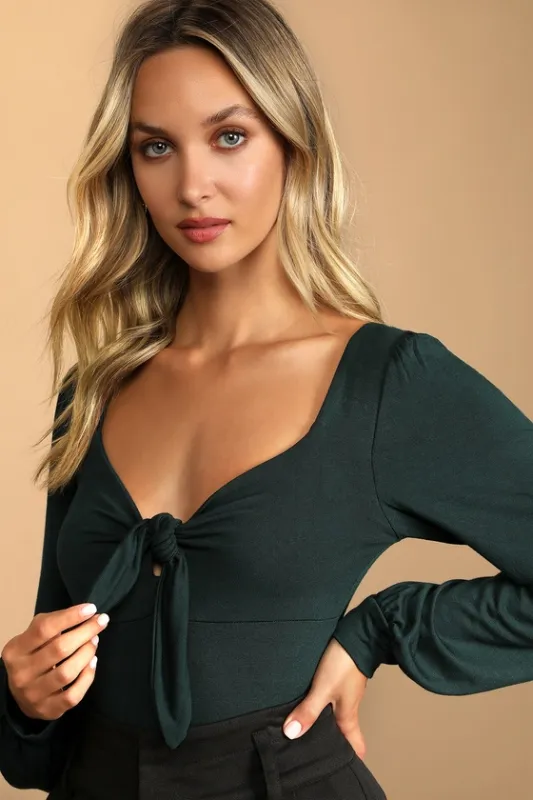 Tie Fidelity Dark Green Tie-Front Bodysuit sold by Lulus