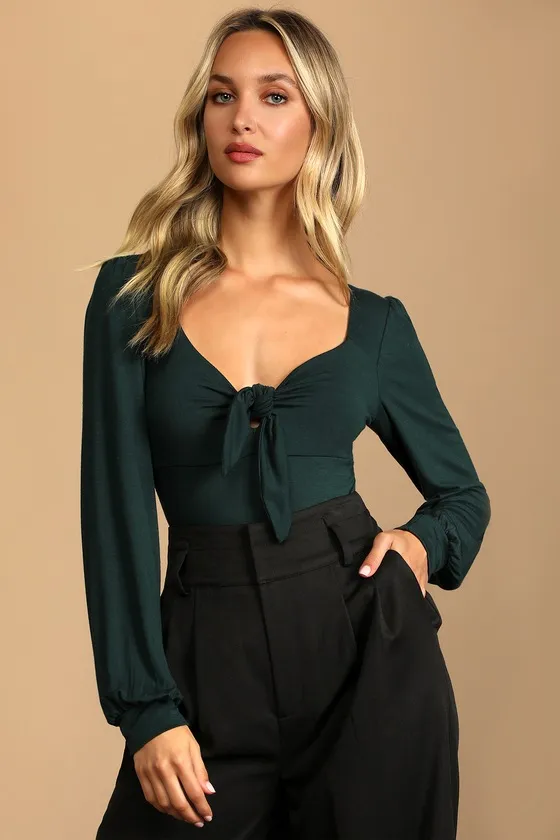 Tie Fidelity Dark Green Tie-Front Bodysuit sold by Lulus product image thumbnail 4