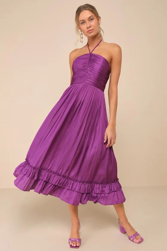 Pleasing Chicness Purple Satin Halter Tiered Midi Dress sold by Lulus
