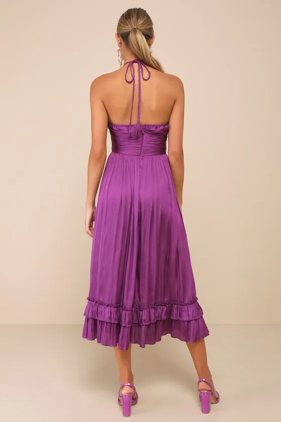 Pleasing Chicness Purple Satin Halter Tiered Midi Dress sold by Lulus product image thumbnail 2