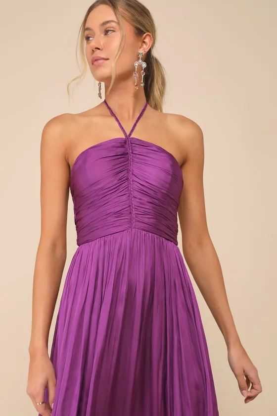 Pleasing Chicness Purple Satin Halter Tiered Midi Dress sold by Lulus product image thumbnail 3