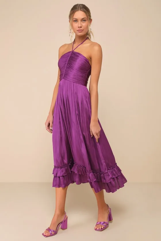 Pleasing Chicness Purple Satin Halter Tiered Midi Dress sold by Lulus product image thumbnail 4