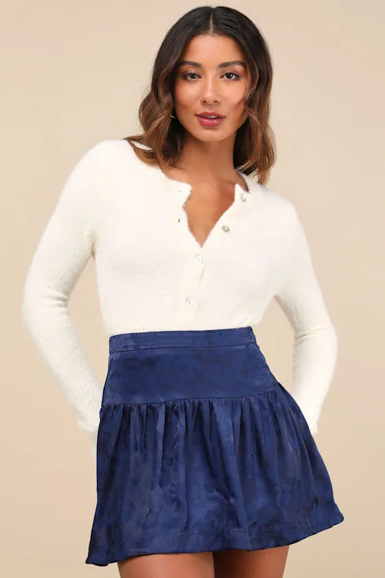 Sensational Approach Navy Blue Satin Jacquard Mini Skirt sold by Lulus