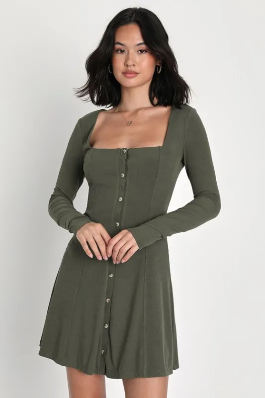 Simply Favored Olive Green Ribbed Long Sleeve Mini Dress sold by Lulus