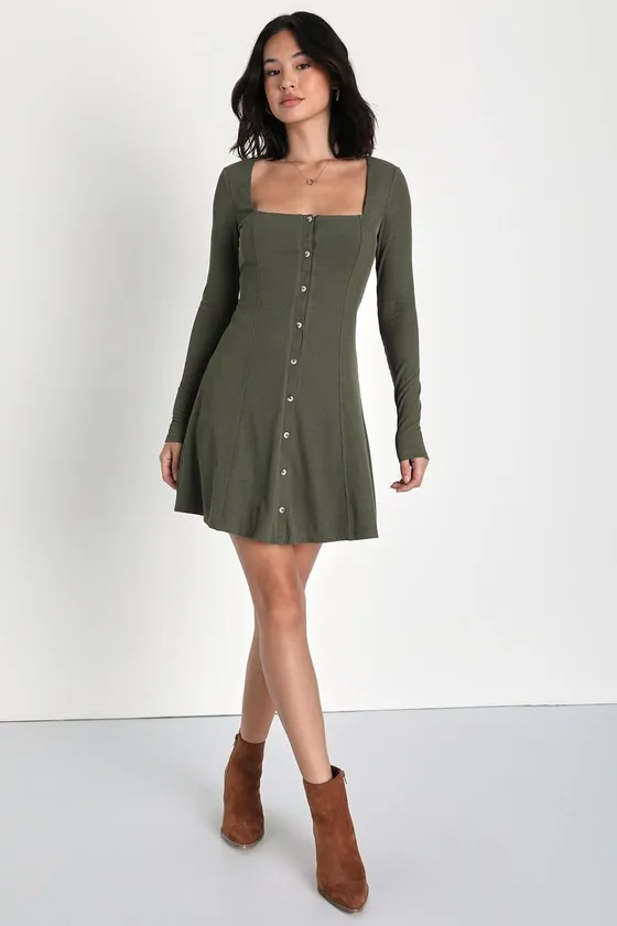 Simply Favored Olive Green Ribbed Long Sleeve Mini Dress sold by Lulus product image thumbnail 2