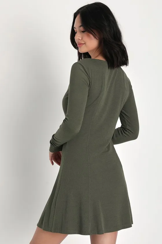 Simply Favored Olive Green Ribbed Long Sleeve Mini Dress sold by Lulus product image thumbnail 4