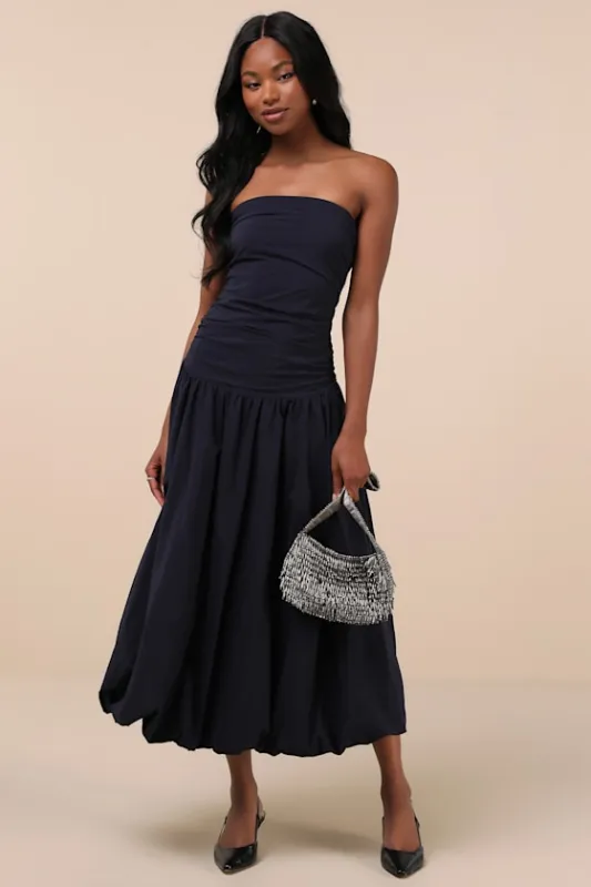 Caggie Navy Strapless Drop Waist Midi Dress sold by Lulus